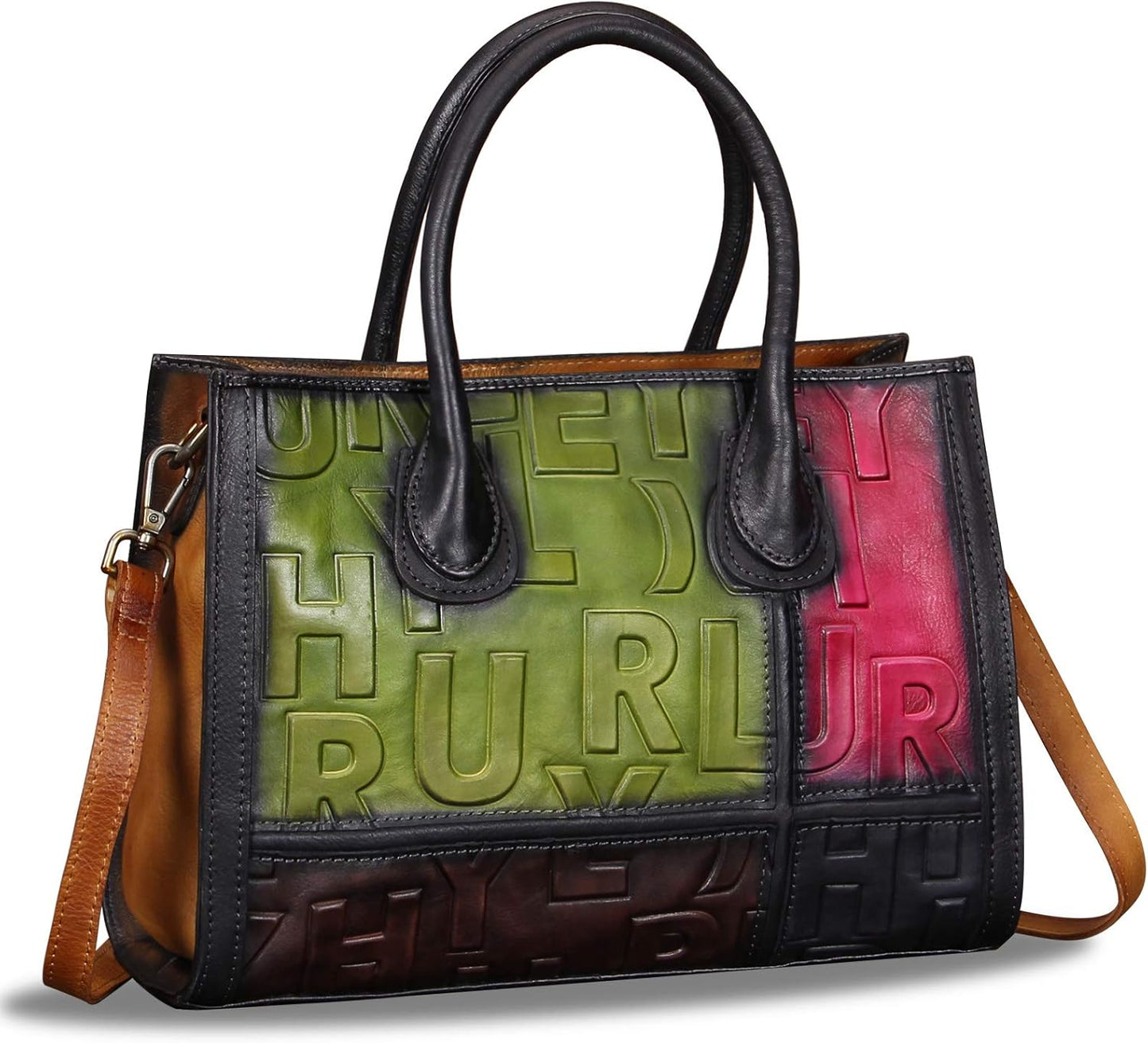 3D Letter Embossed Leather Tote Bag green red brown black