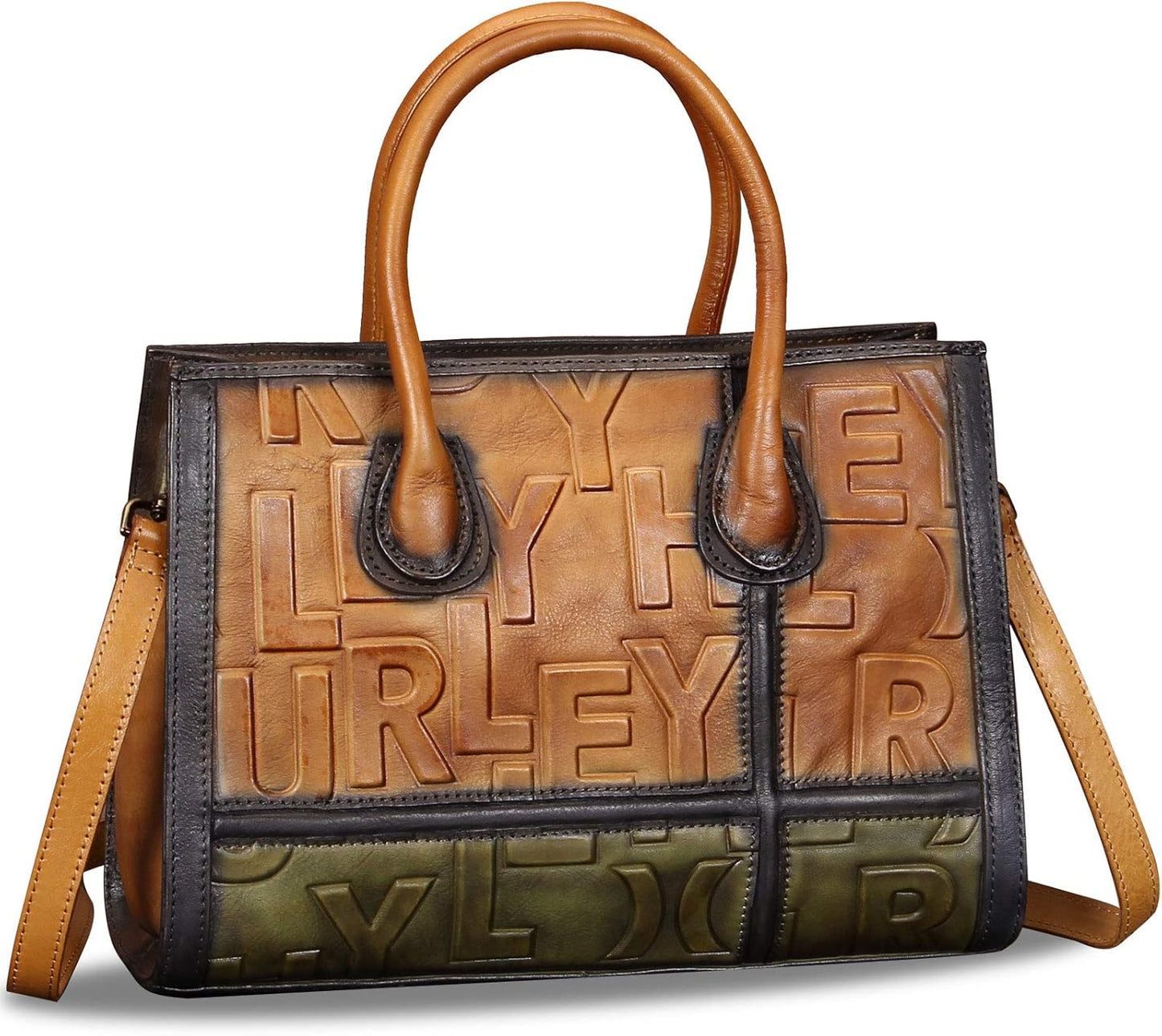 3D Letter Embossed Leather Tote Bag light brown green