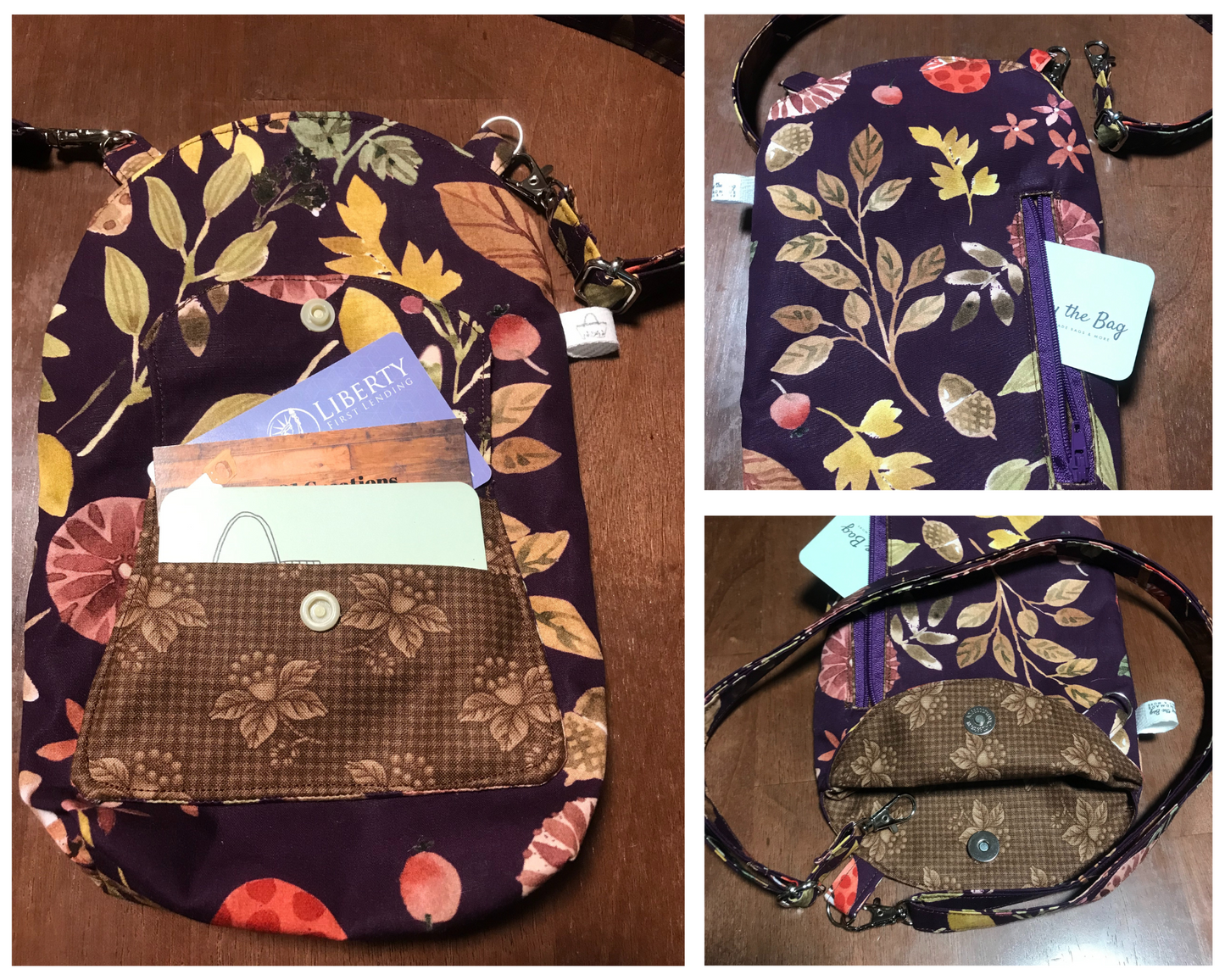 Hand-Crafted Crossbody Phone Bag with Attached Mini Wallet - Fall Print - Leaves and Acorn