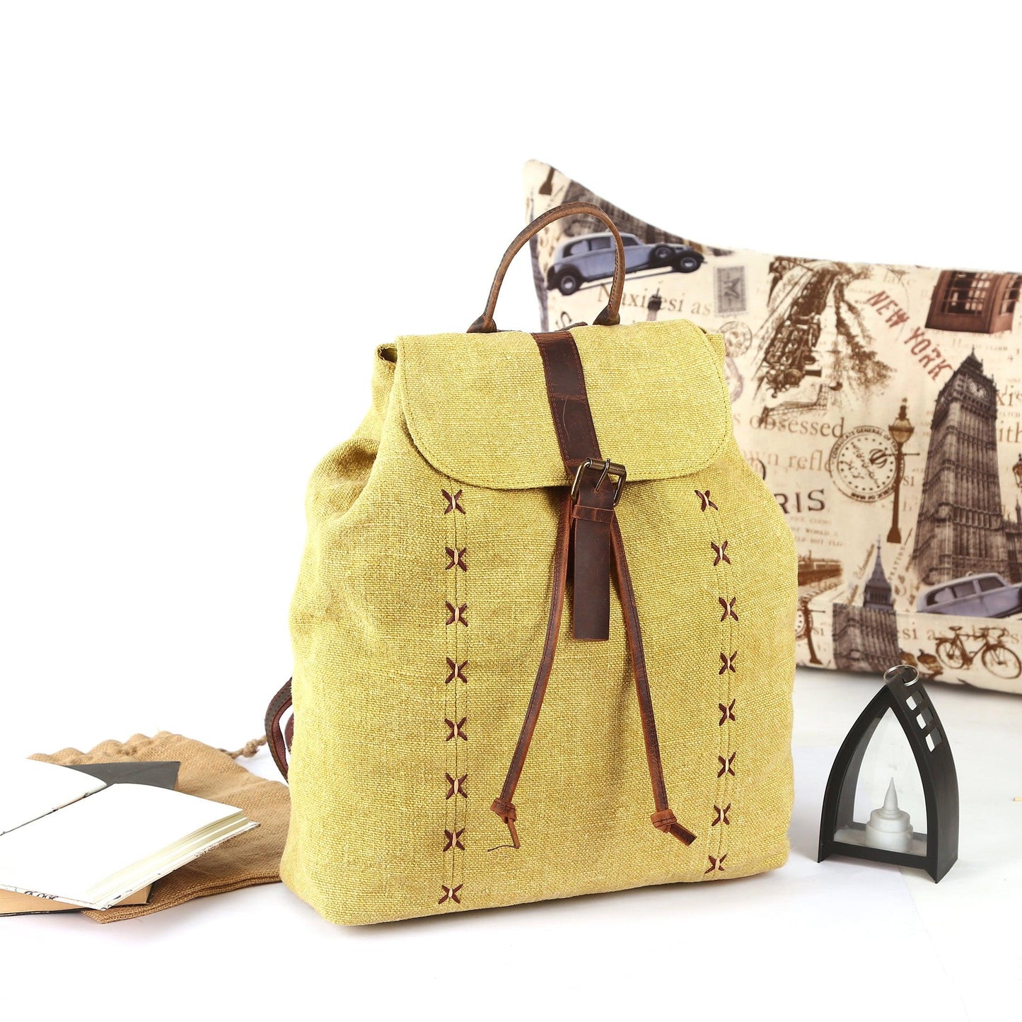 Jute & Premium Buffalo Leather Backpack front fold