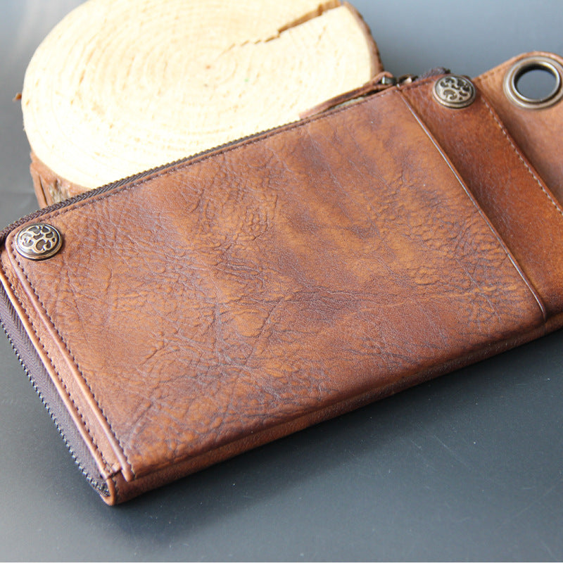 Retro Vintage Leather Long Wallet Dark Brown