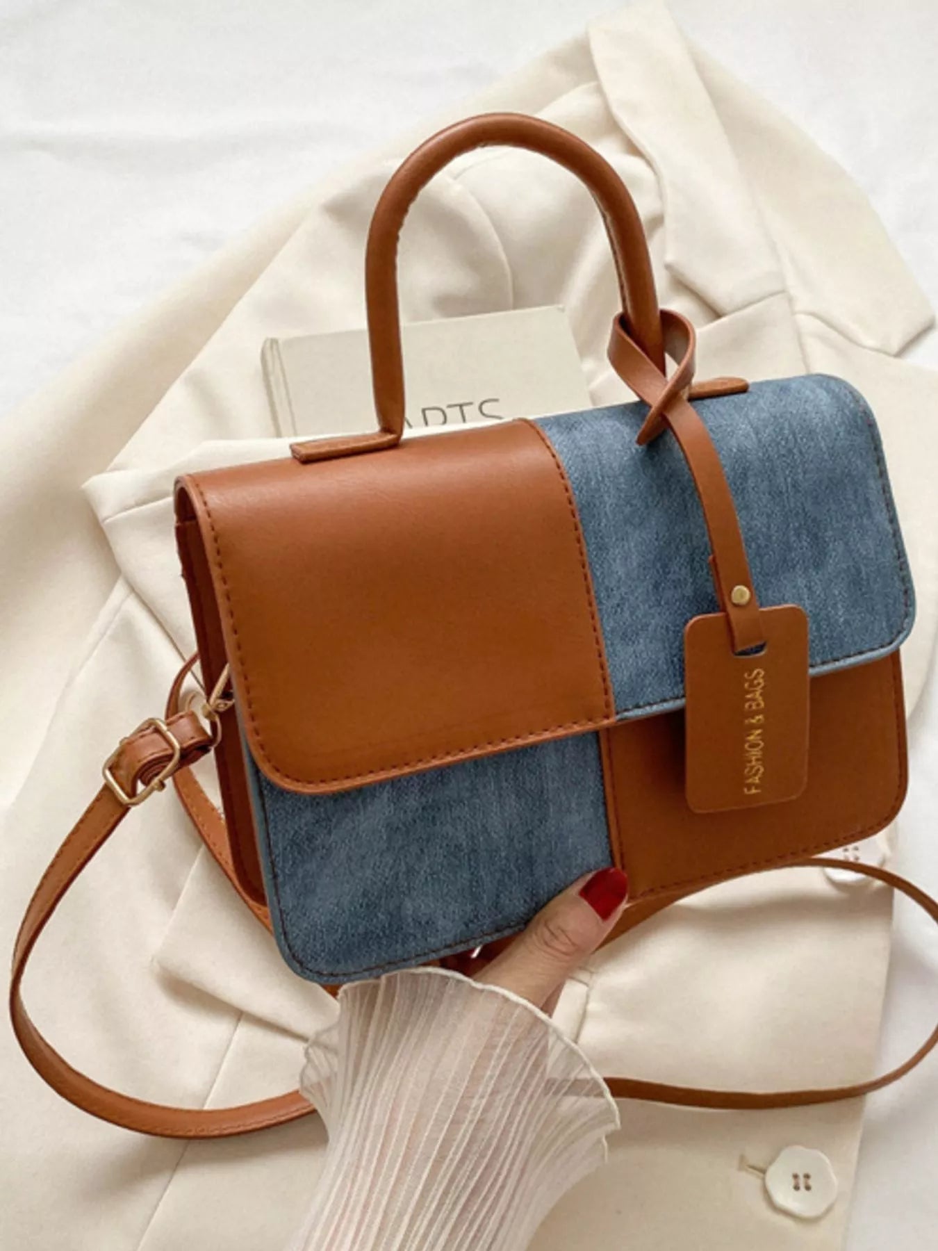 Structured two-tone PU leather mini crossbody handbag with top handle and shoulder strap-Brown
