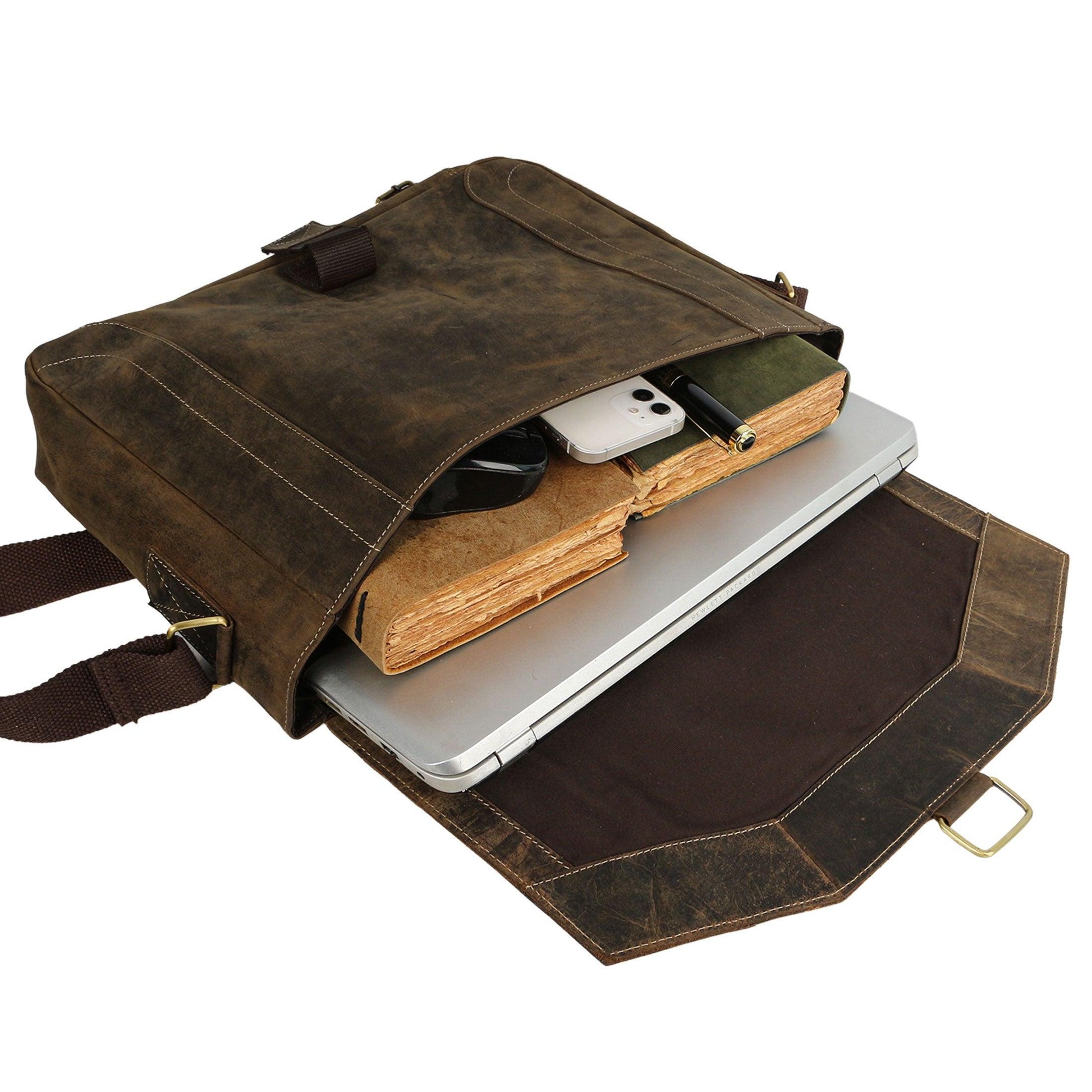 15-Inch Distressed Tan Leather Briefcase – Laptop Messenger Bag for Men & Women, Perfect Office, School, and College Satchel - Buy the Bag and More