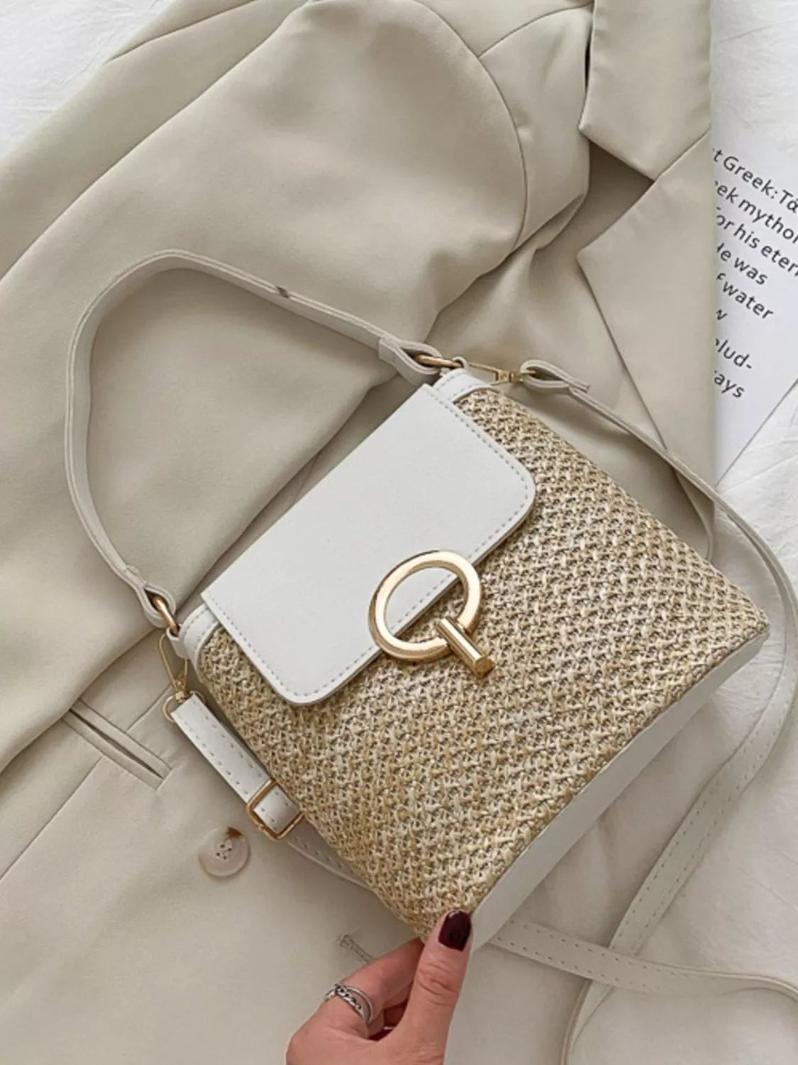 Woven straw crossbody bag with faux-leather trim and front pocket, summer shoulder bag-White