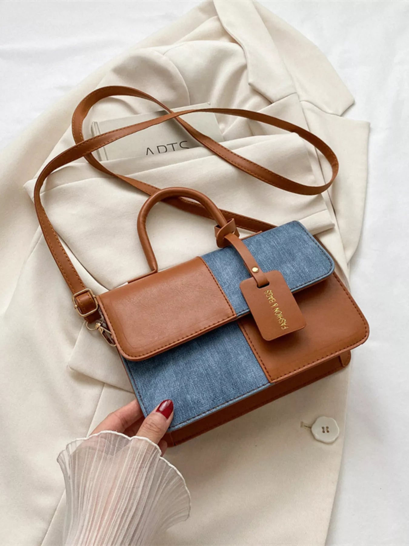 Structured two-tone PU leather mini crossbody handbag with top handle and shoulder strap-Curry