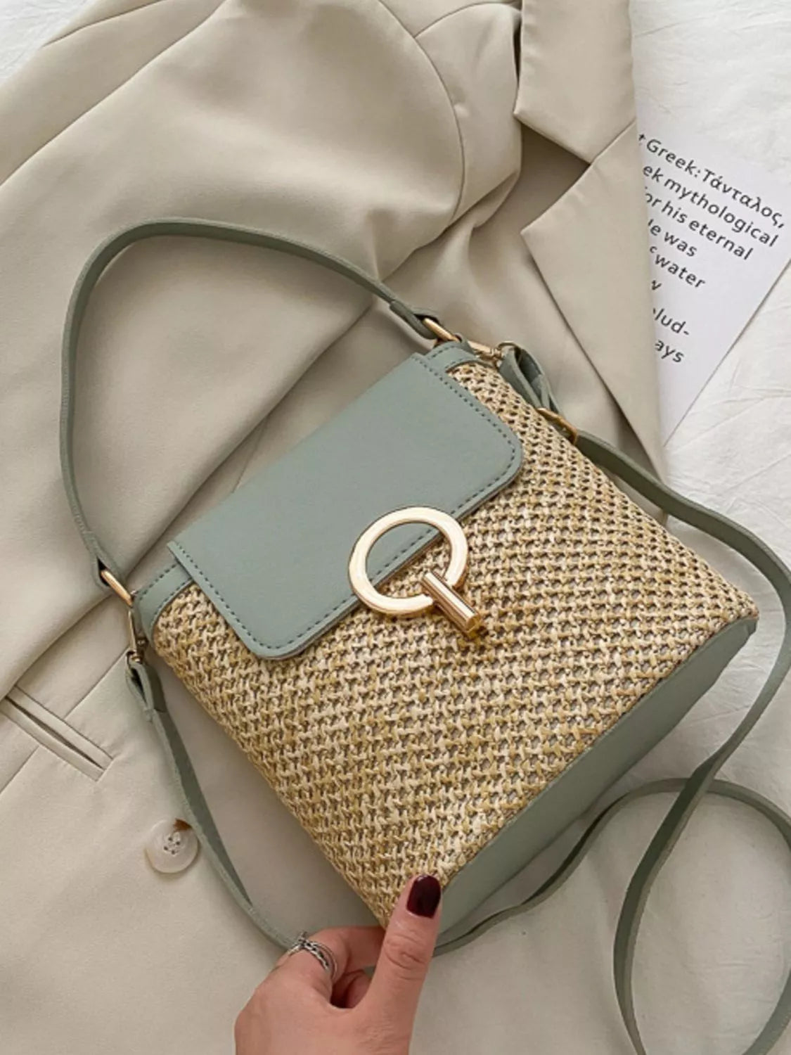 Woven straw crossbody bag with faux-leather trim and front pocket, summer shoulder bag-Sage