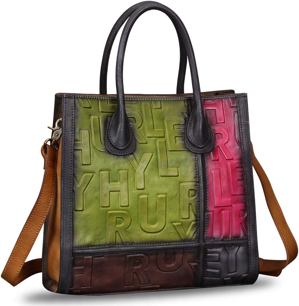 3D Letter Embossed Leather Tote Bag vertical green red brown lack