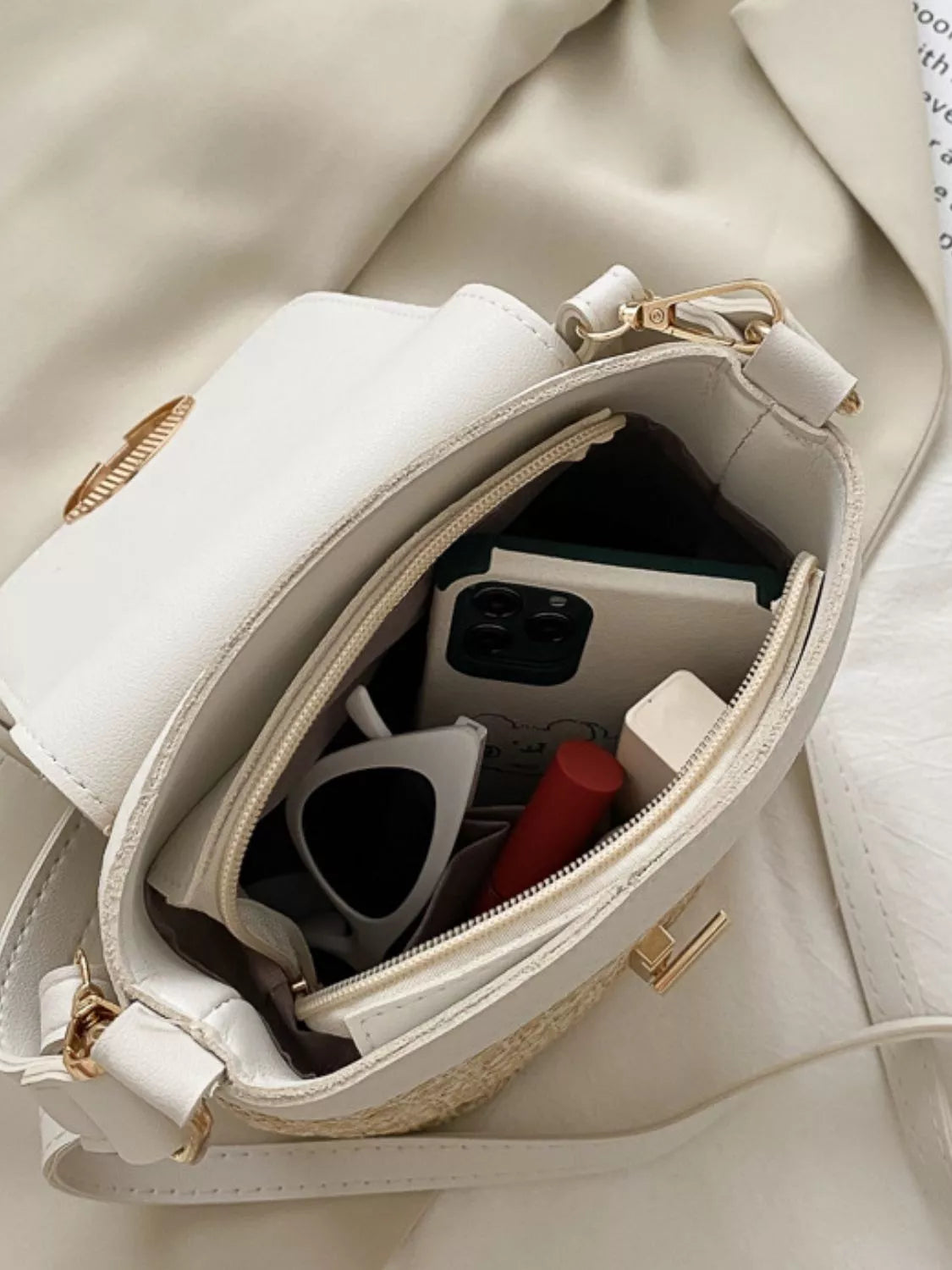 Woven straw crossbody bag with faux-leather trim and front pocket, summer shoulder bag-inside