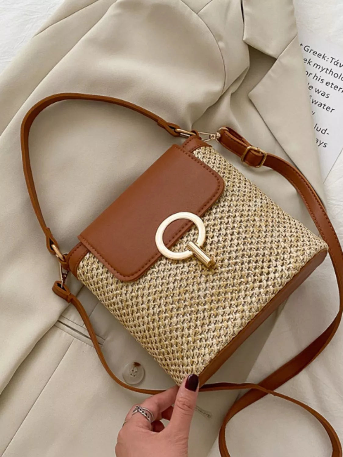 Woven straw crossbody bag with faux-leather trim and front pocket, summer shoulder bag-Brown