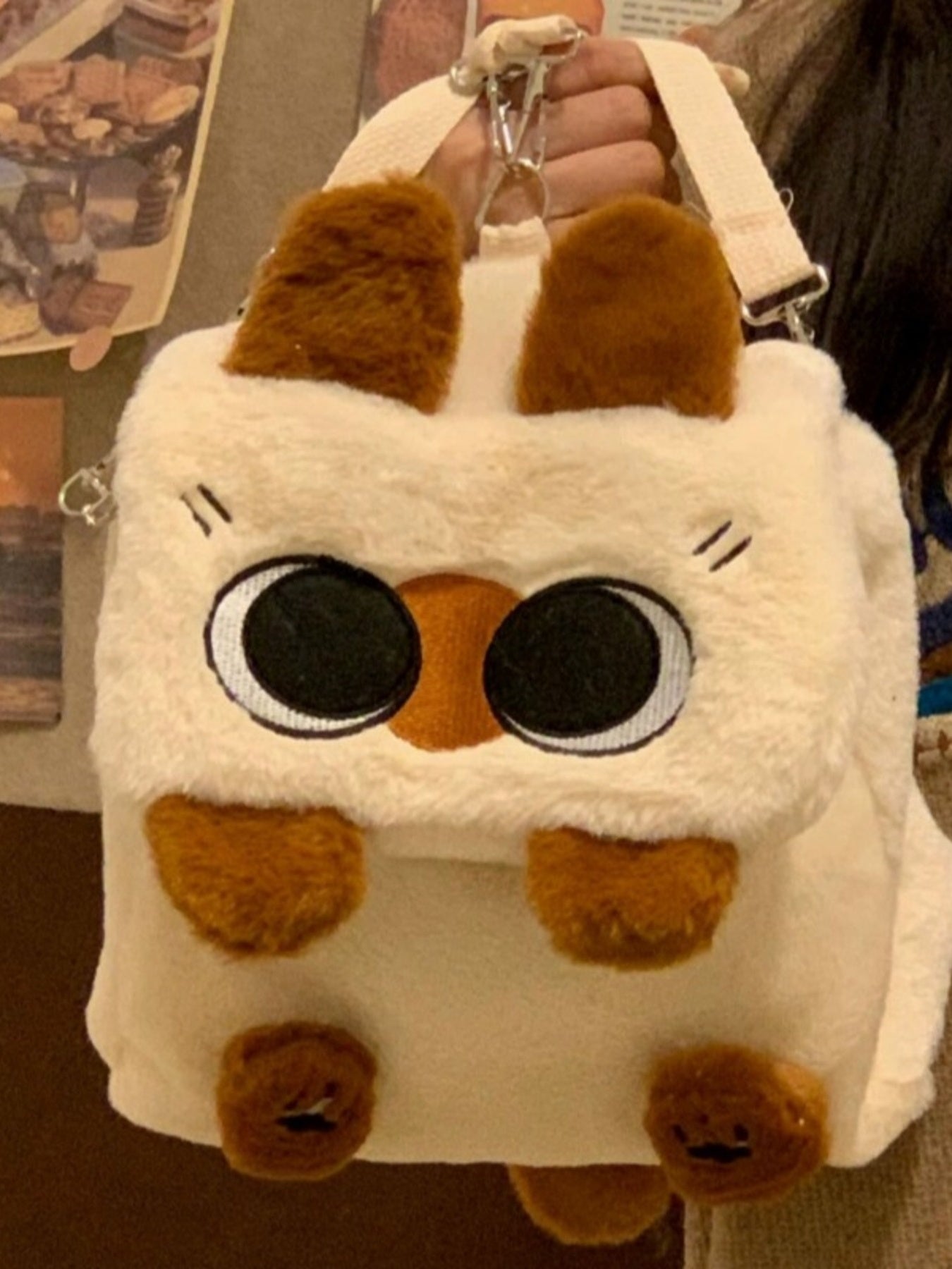 Cute plush character mini crossbody bag in soft woolen cloth with adjustable shoulder strap-Hand