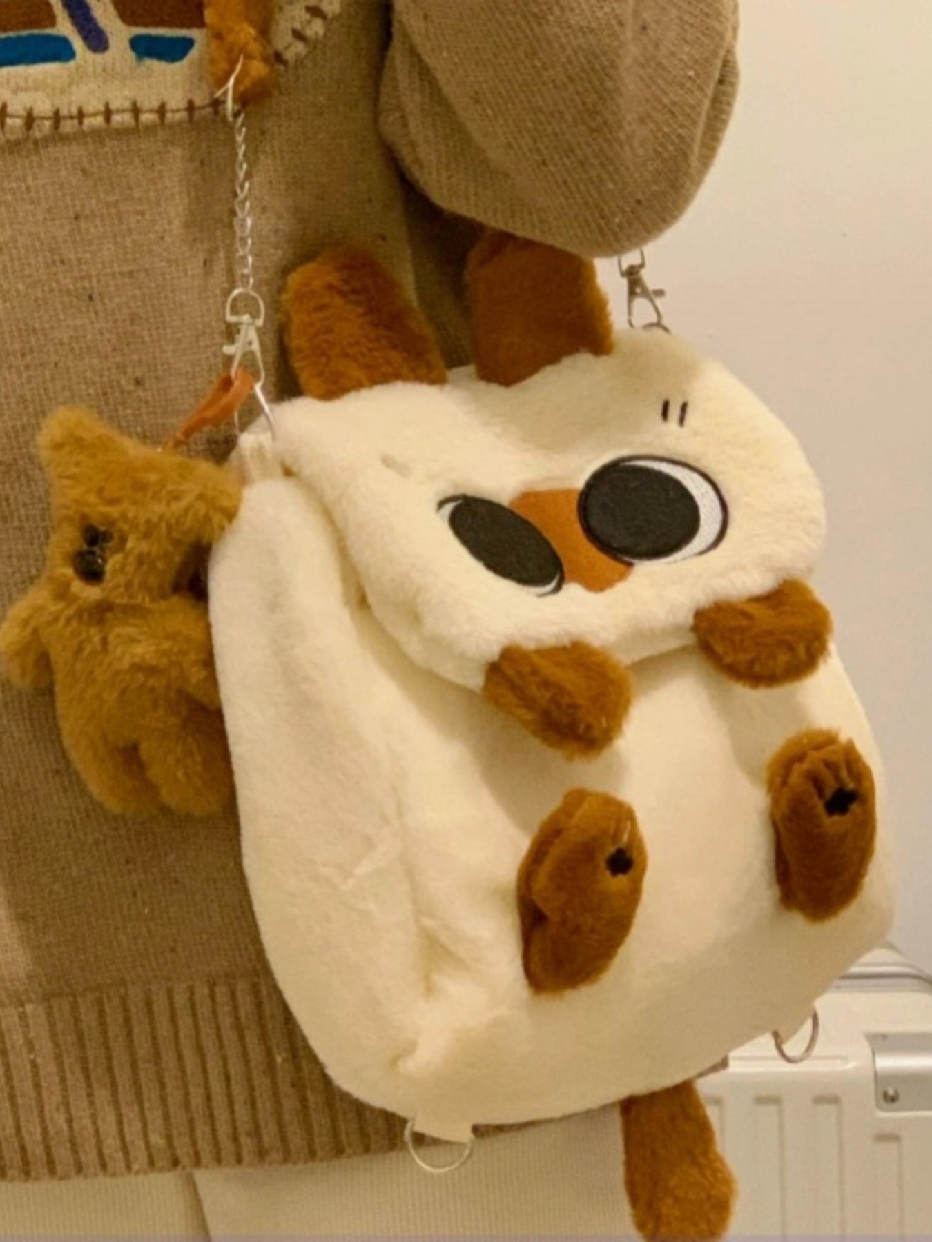 Cute plush character mini crossbody bag in soft woolen cloth with adjustable shoulder strap-cat