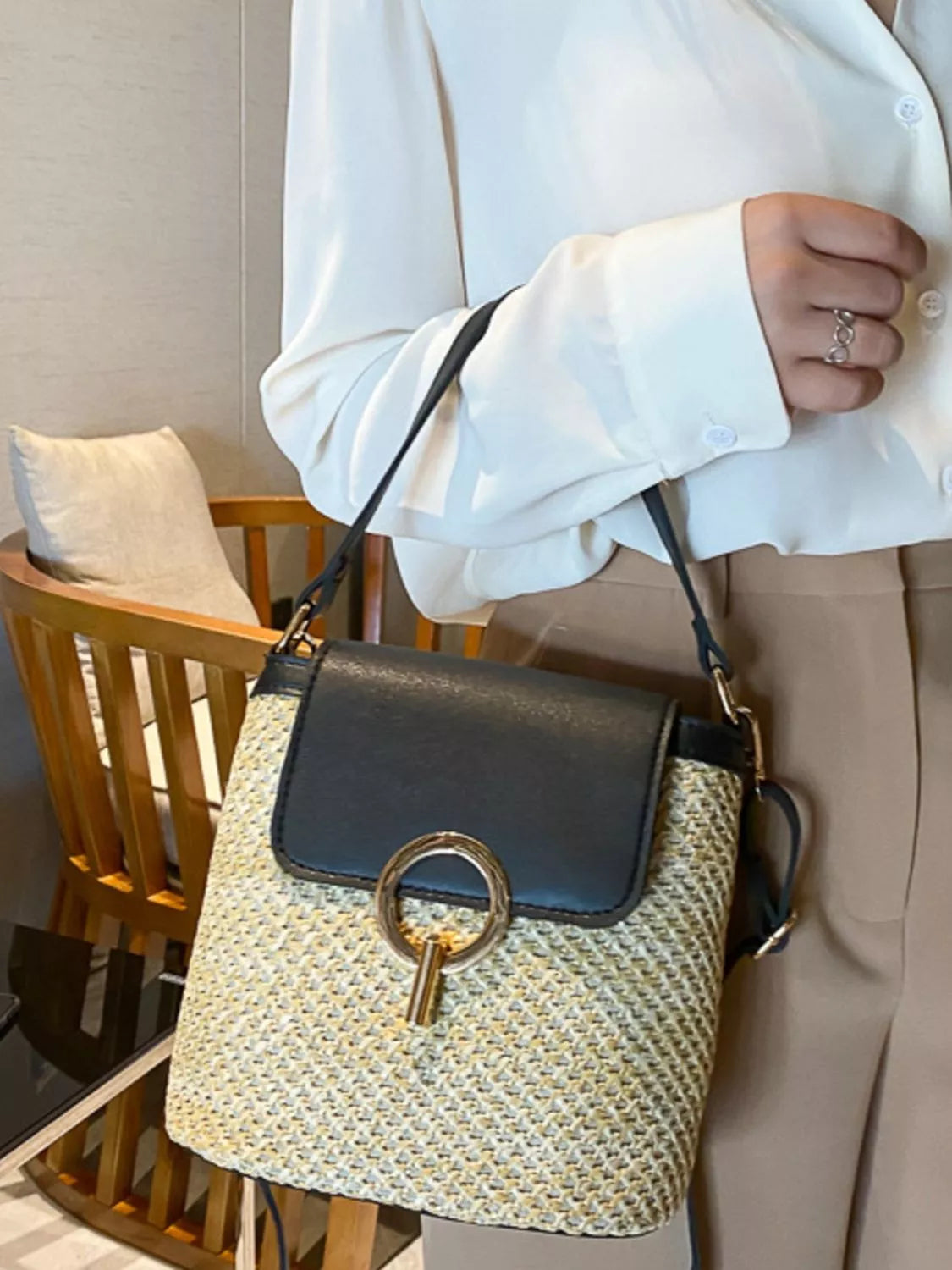 Woven straw crossbody bag with faux-leather trim and front pocket, summer shoulder bag-Black