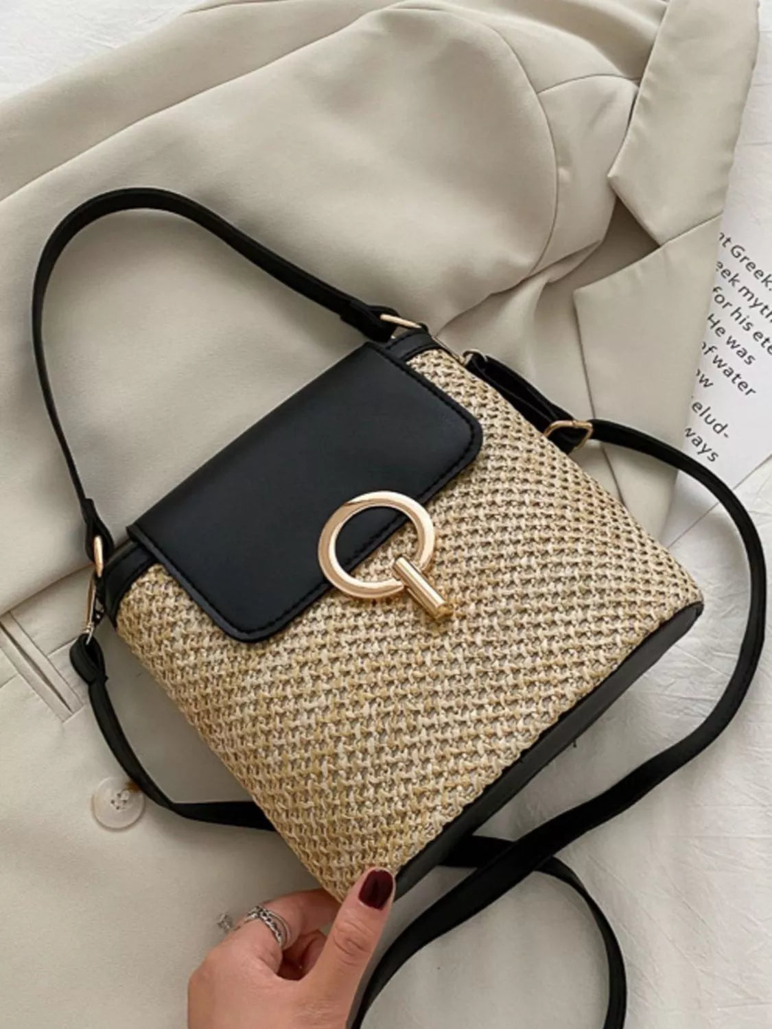 Woven straw crossbody bag with faux-leather trim and front pocket, summer shoulder bag-Stylish