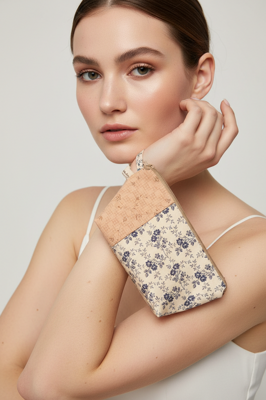 Woman holding a floral clutch against a plain background