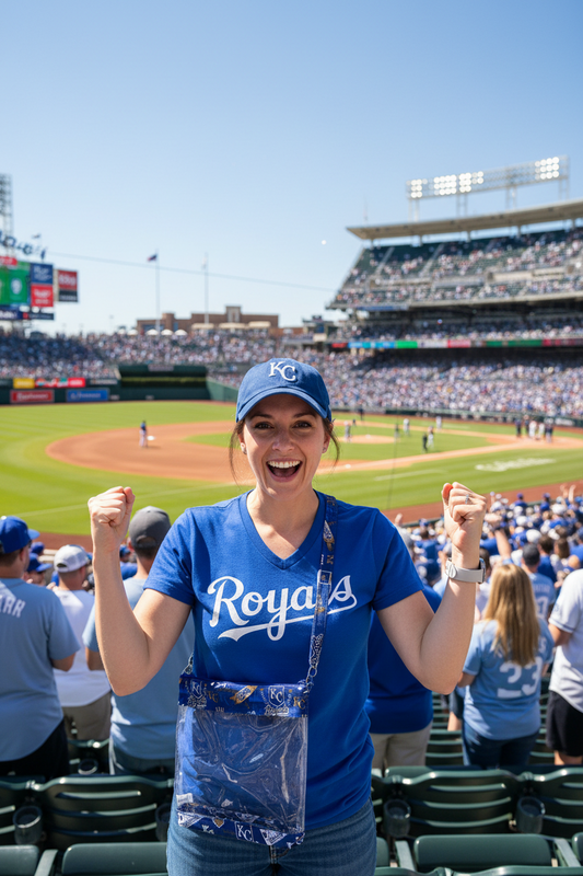 Woman in a Kansas City Royals blue shirt and cap at a baseball game, cheering with arms raised.