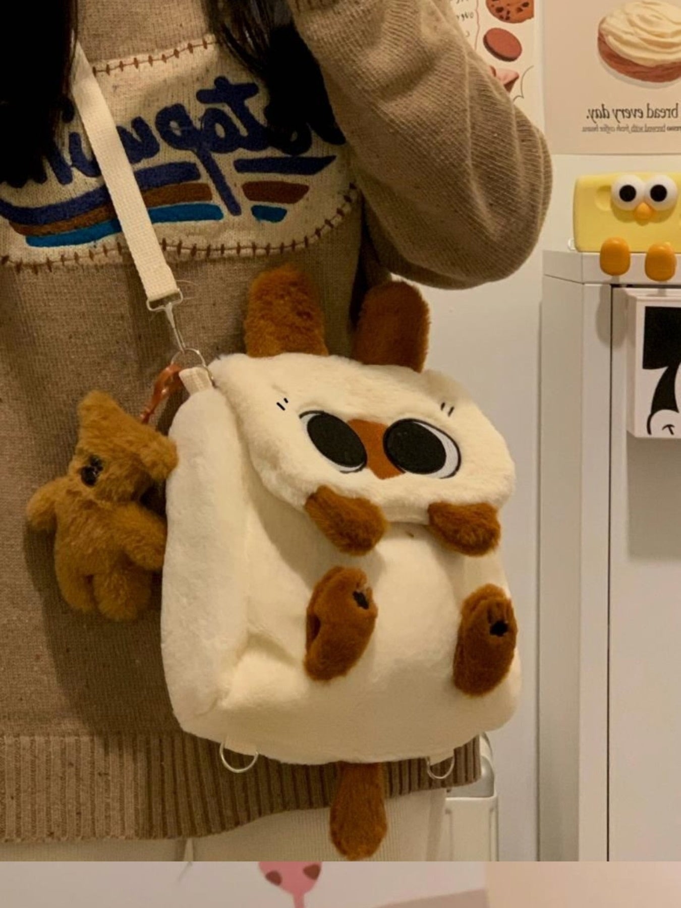 Cute plush character mini crossbody bag in soft woolen cloth with adjustable shoulder strap