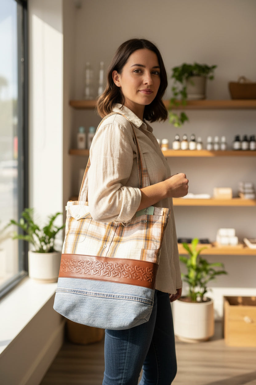 Plaid bag with denim bottom and brown leather strap on a wooden surface- Buy the Bag and More
