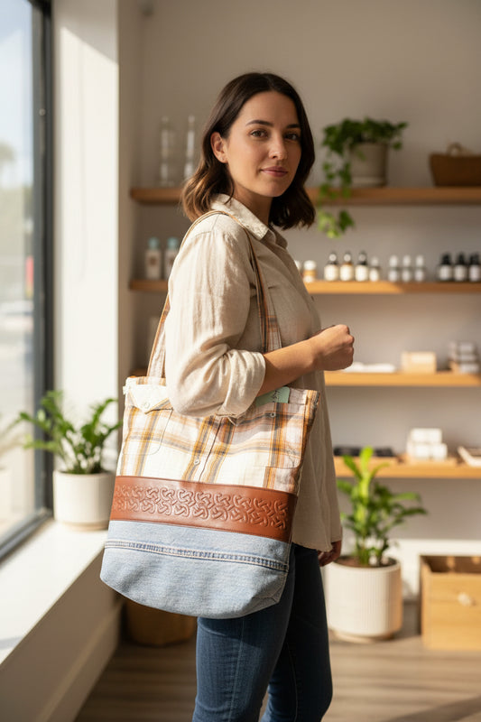 Plaid bag with denim bottom and brown leather strap on a wooden surface- Buy the Bag and More