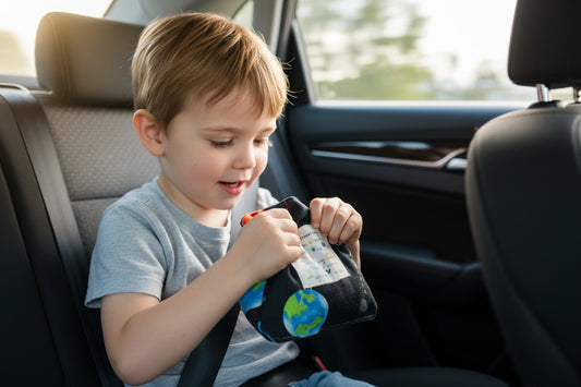 Space-themed pouch with 'I Spy' travel game held by a child in a car.