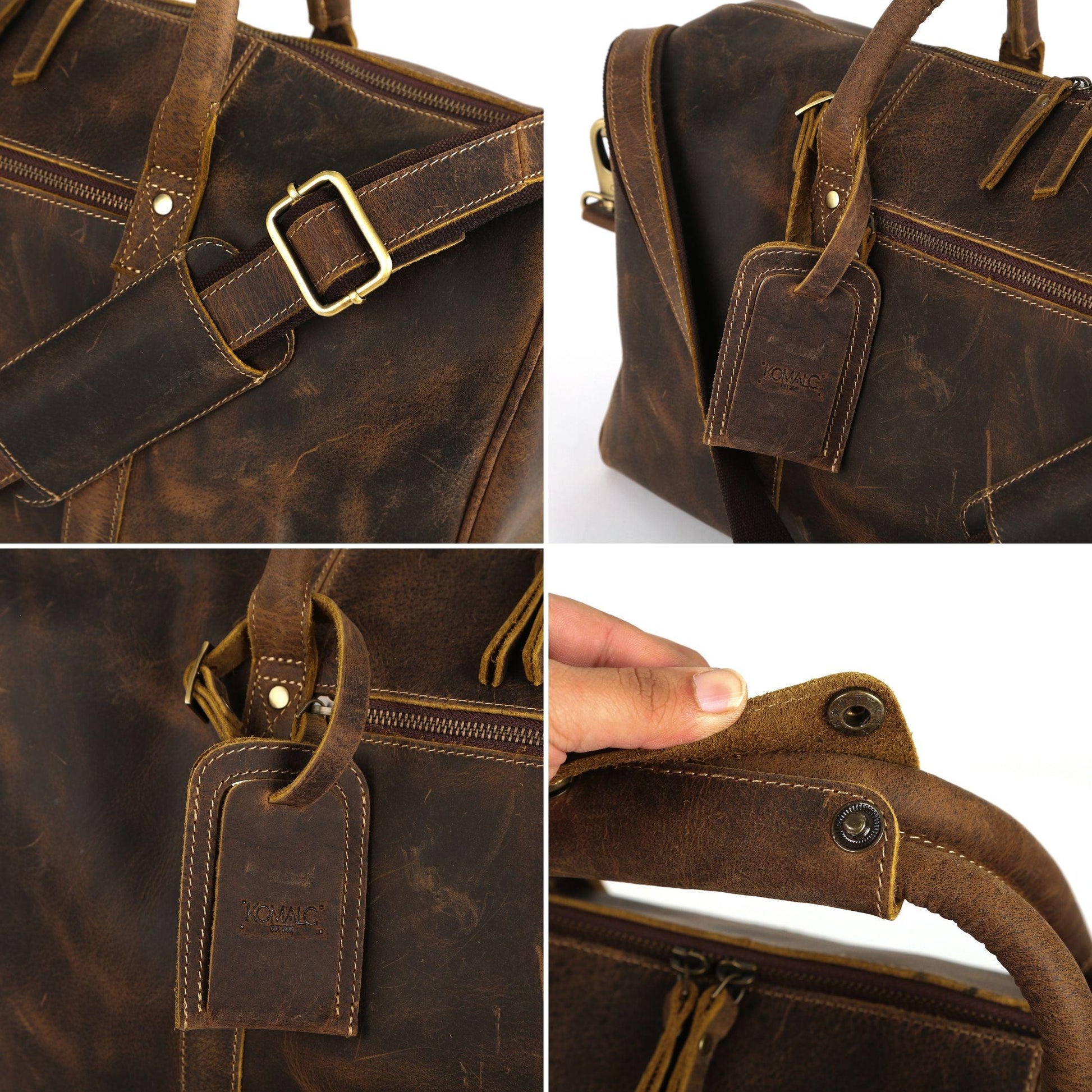 Vintage brown leather duffel bag with grab handles and shoulder strap
