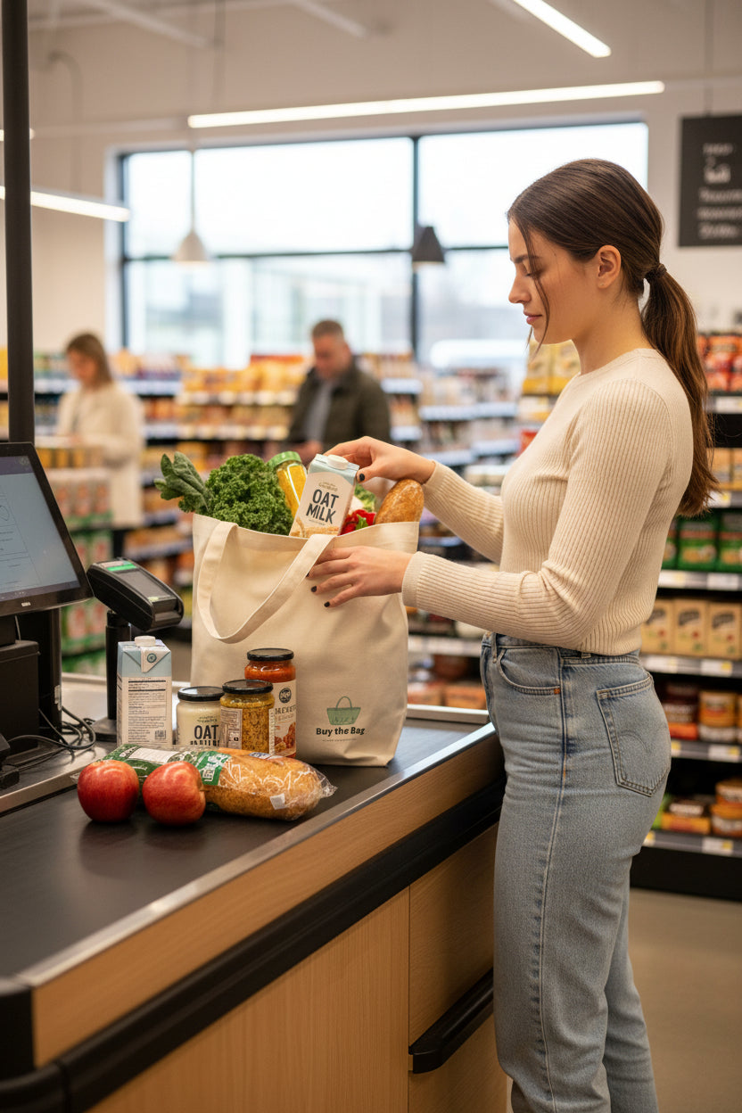 A woman placing groceries into a cream canvas tote bag. The bag has a green circular logo that reads 'Buy The Bag'.