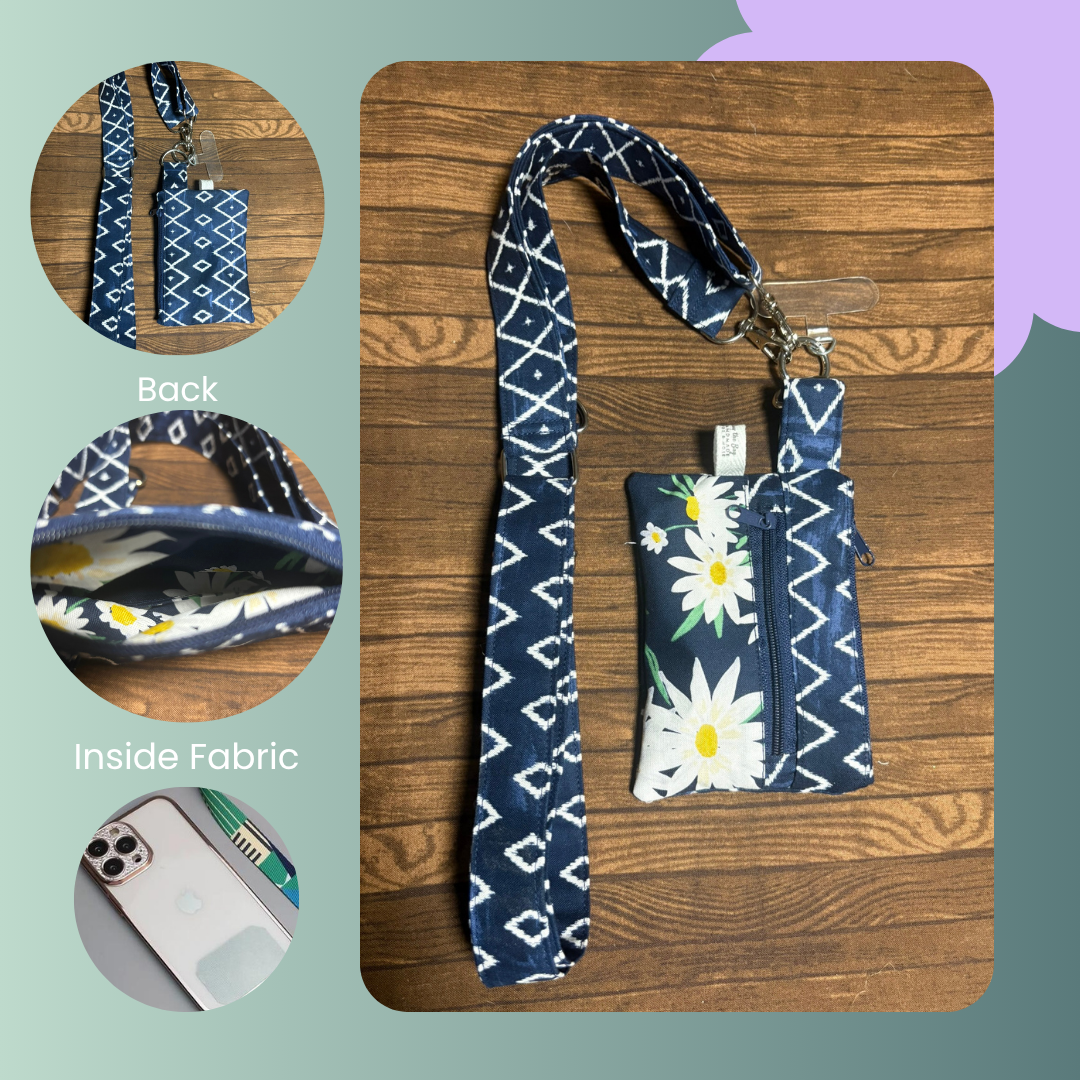 Daisy and Geo Blue Fabric Phone lanyard with attached zipper Wallet-Buy the Bag and More