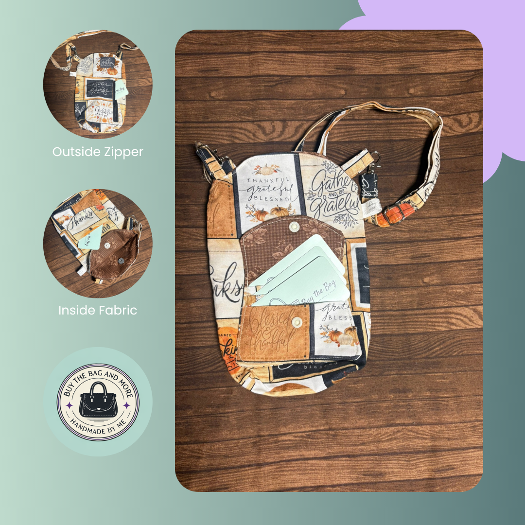 Handmade bag with text and patterns on a wooden surface, with close-up insets and branding logo.