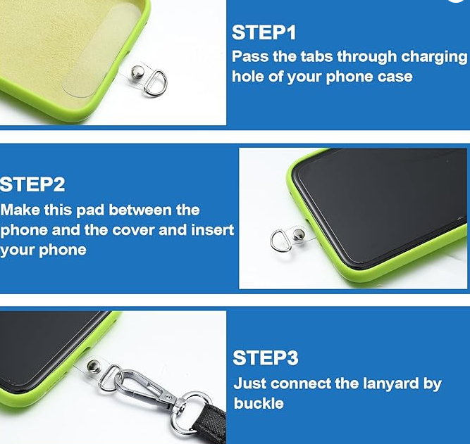 Instructions for using a phone case with charging tab, pad, and lanyard on a white background.