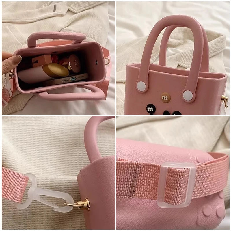 Collage of a pink phone case with handle and strap on a light background