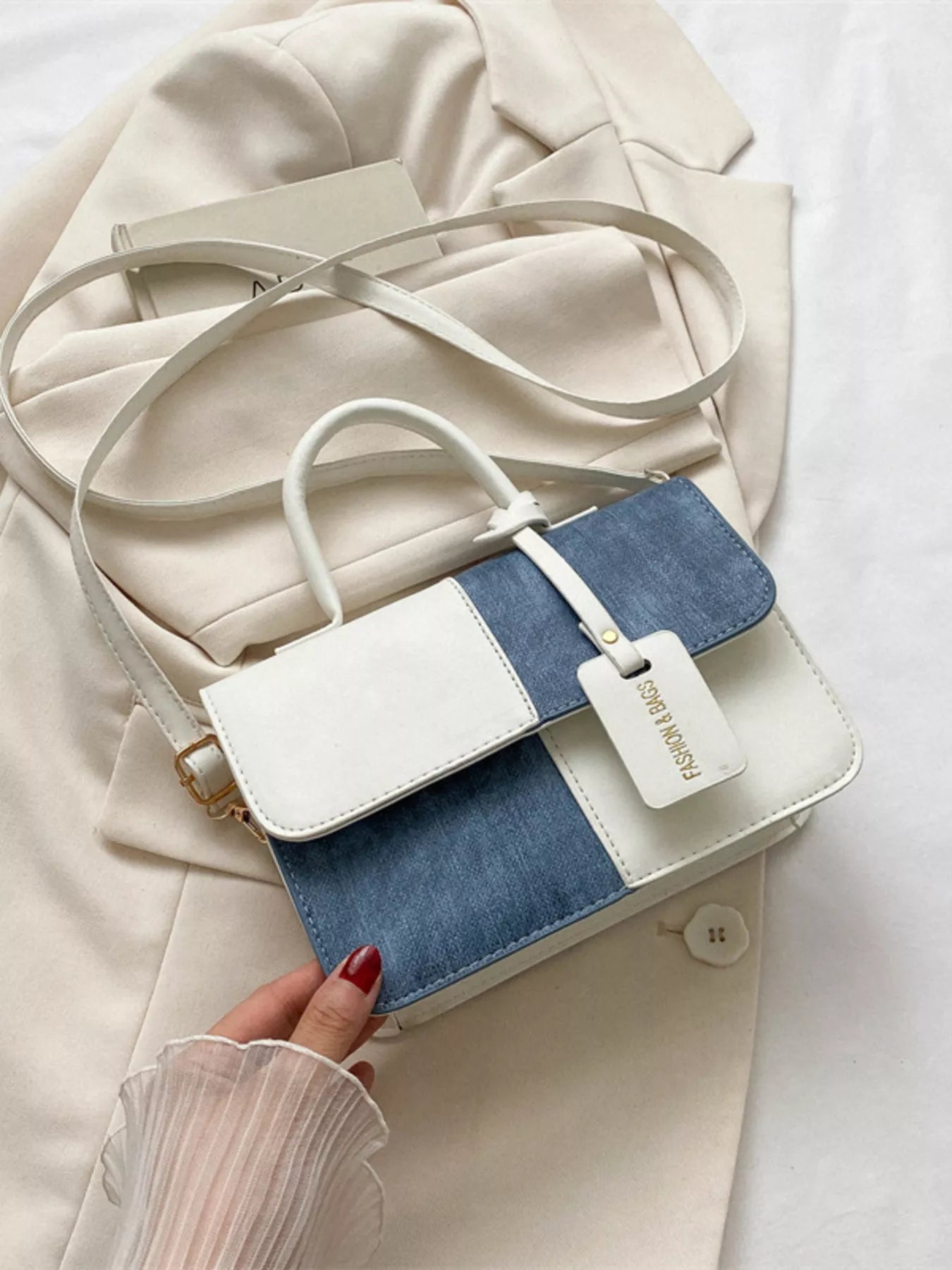 Structured two-tone PU leather mini crossbody handbag with top handle and shoulder strap-White
