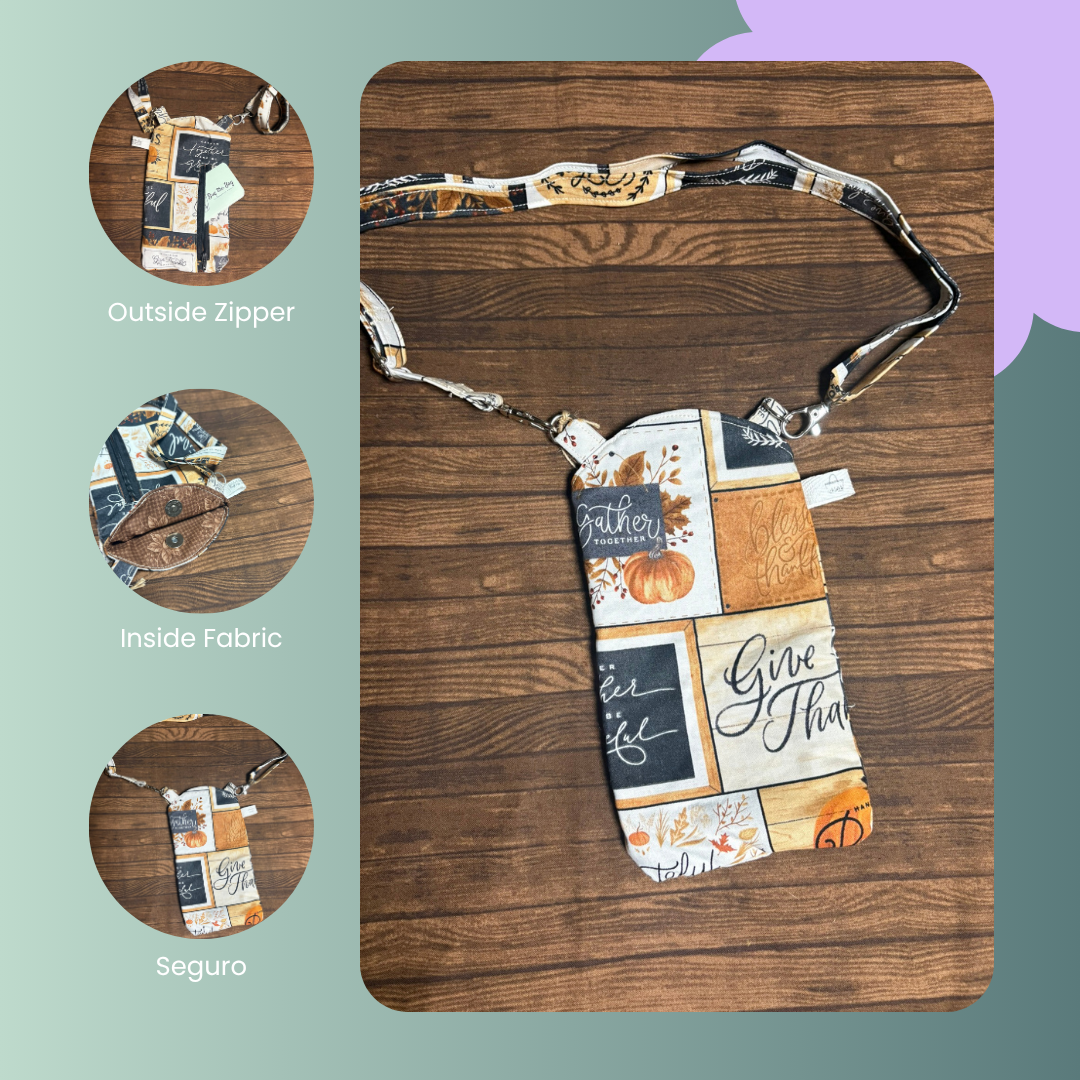 Fabric pouch with autumnal Thanksgiving design on a wooden surface, showing different fabric layers.