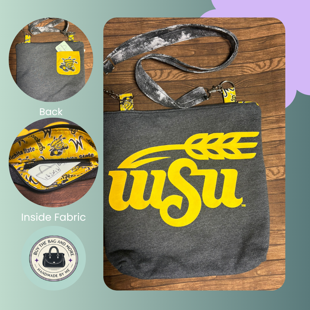 Gray bag with yellow 'WSU' logo on a wooden surface, showing back and inside fabric views.