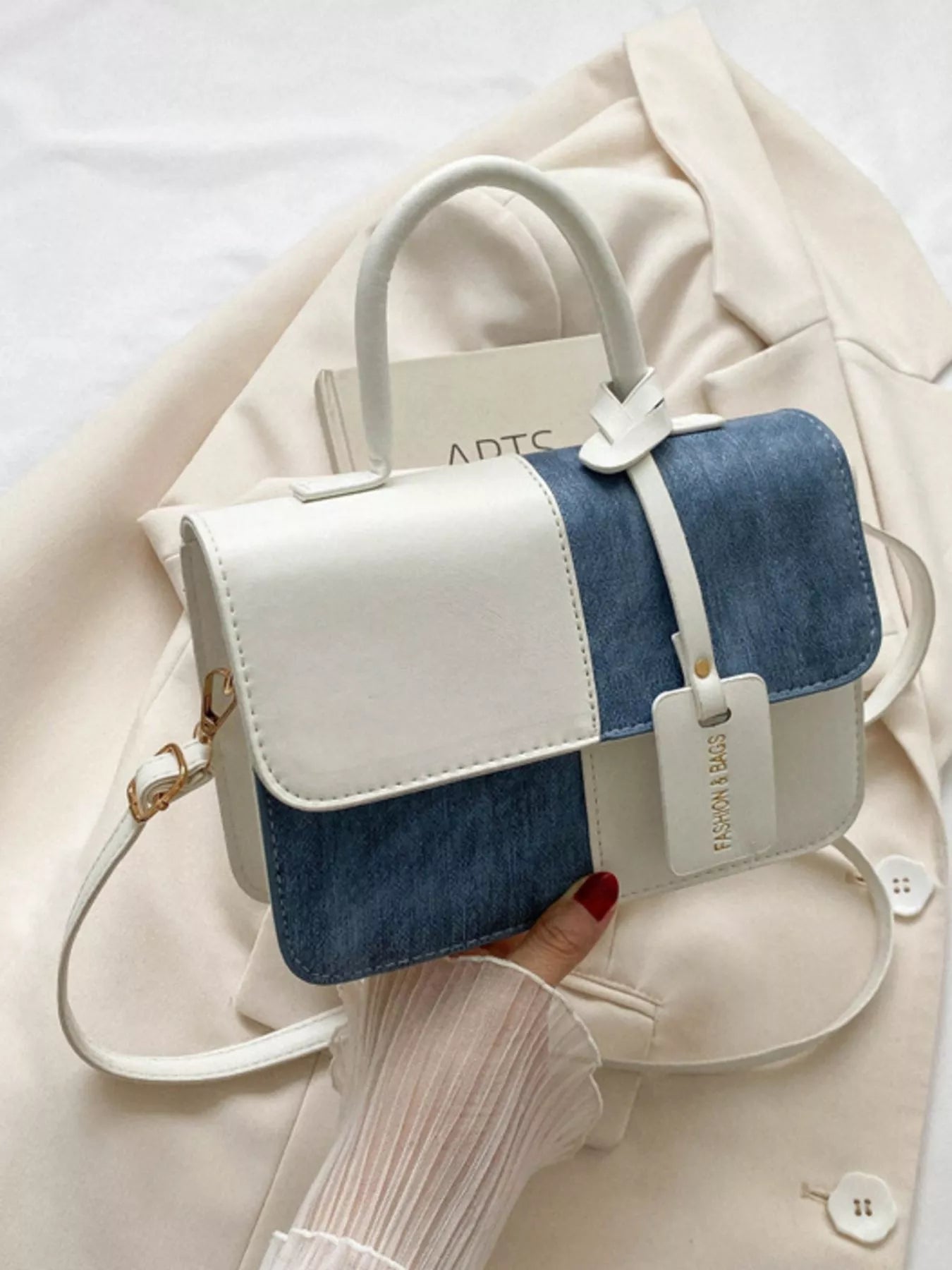 Structured two-tone PU leather mini crossbody handbag with top handle and shoulder strap-White