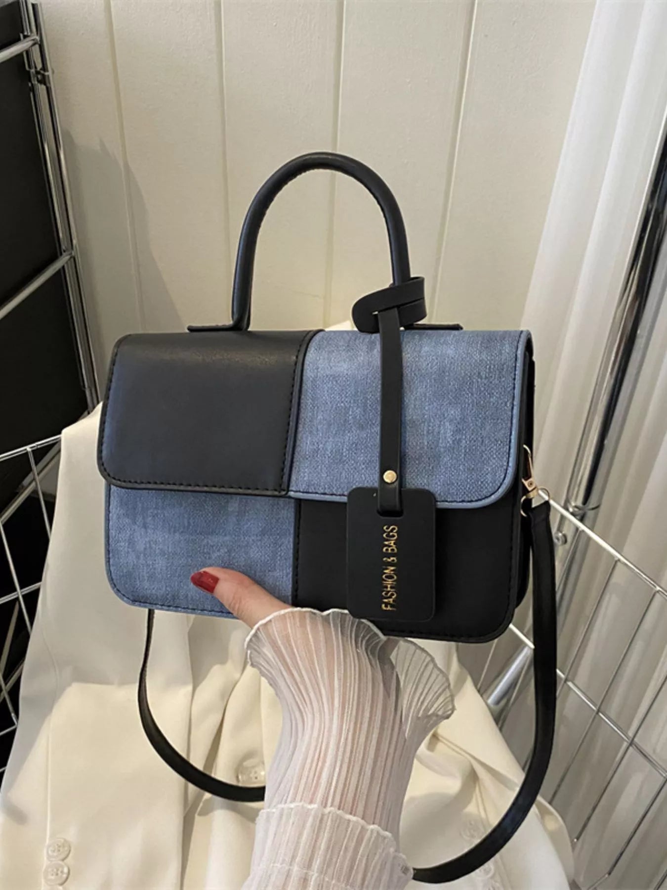 Structured two-tone PU leather mini crossbody handbag with top handle and shoulder strap-Black