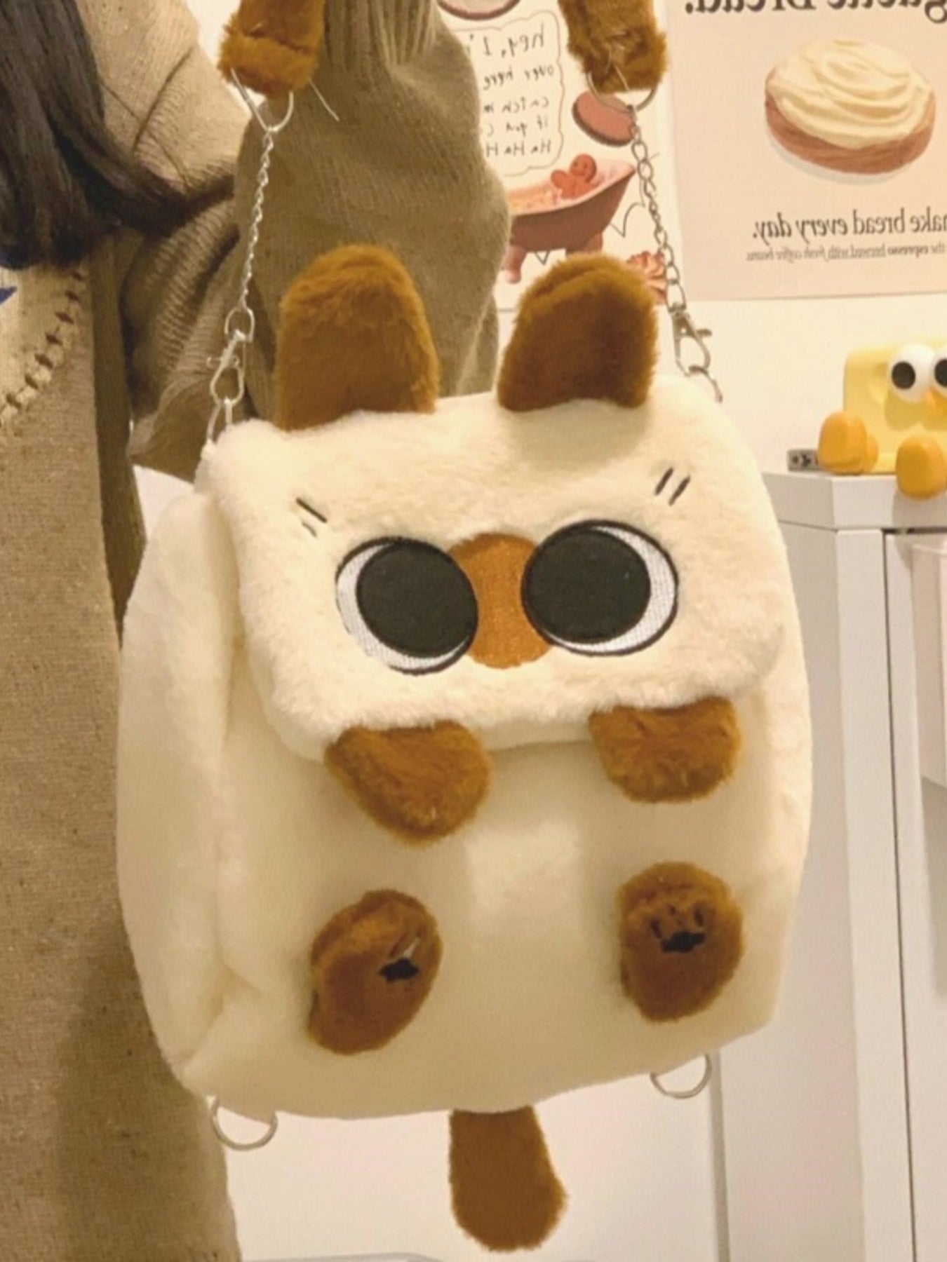 Cute plush character mini crossbody bag in soft woolen cloth with adjustable shoulder strap-handle