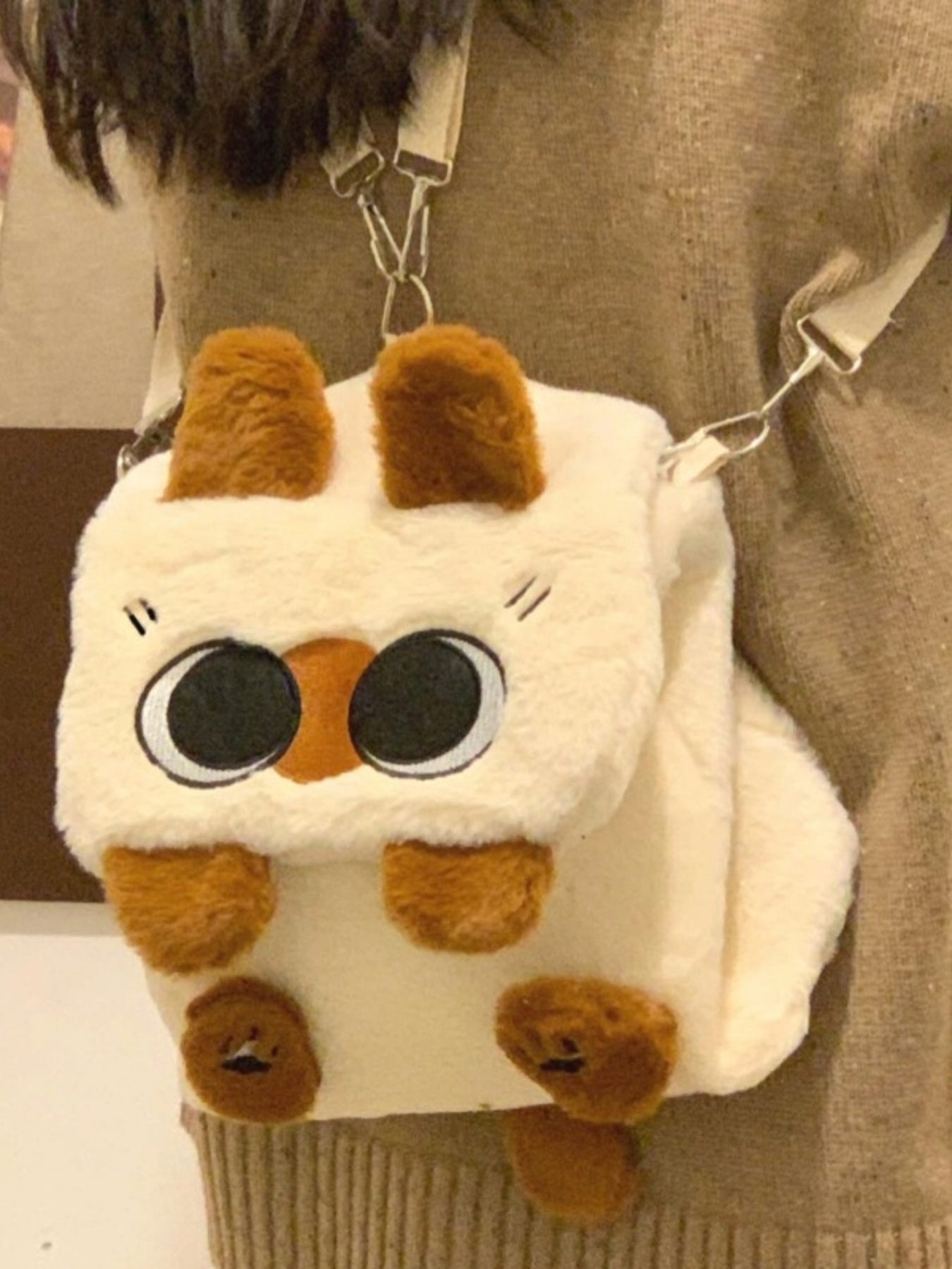 Cute plush character mini crossbody bag in soft woolen cloth with adjustable shoulder strap-backpack