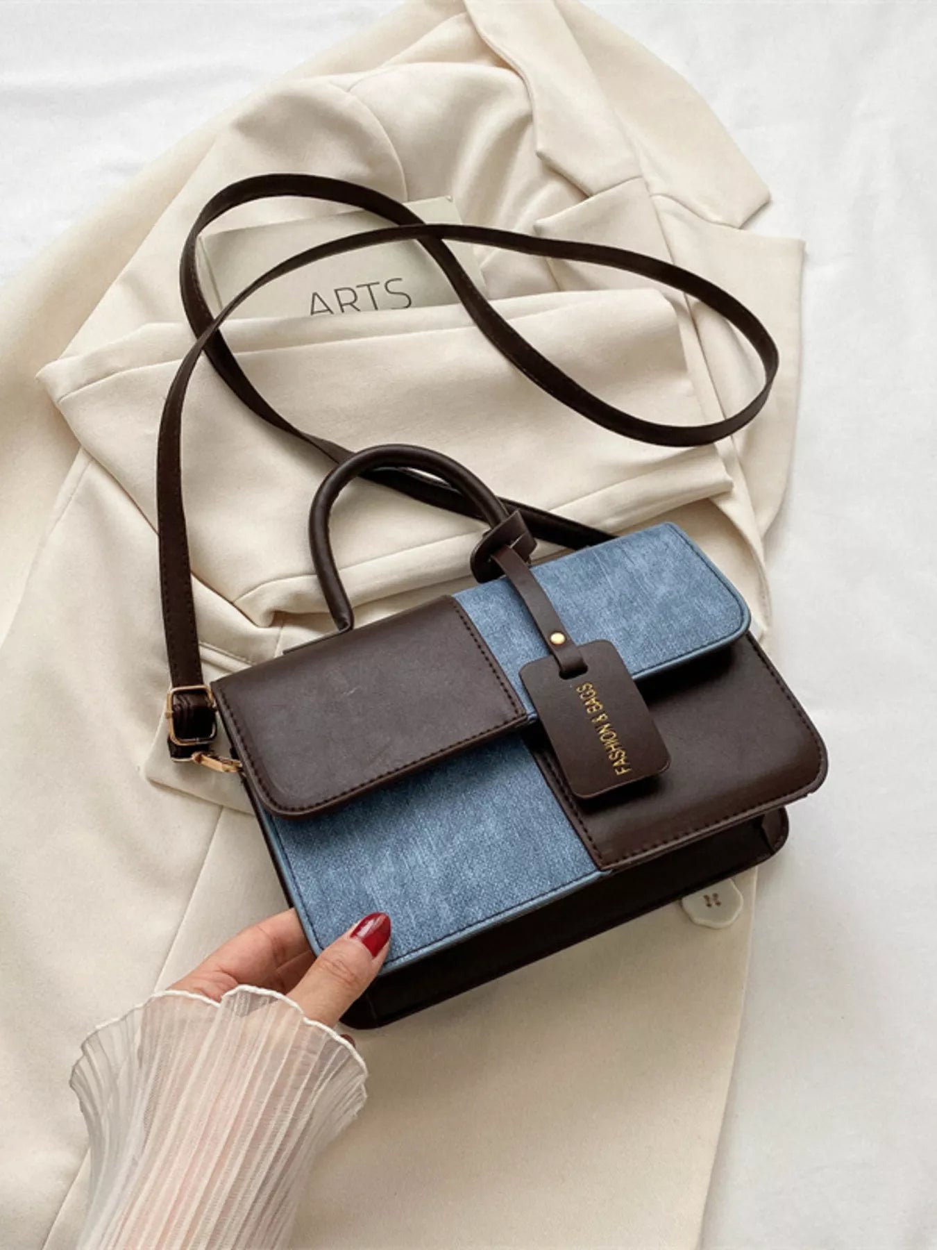 Structured two-tone PU leather mini crossbody handbag with top handle and shoulder strap-Black